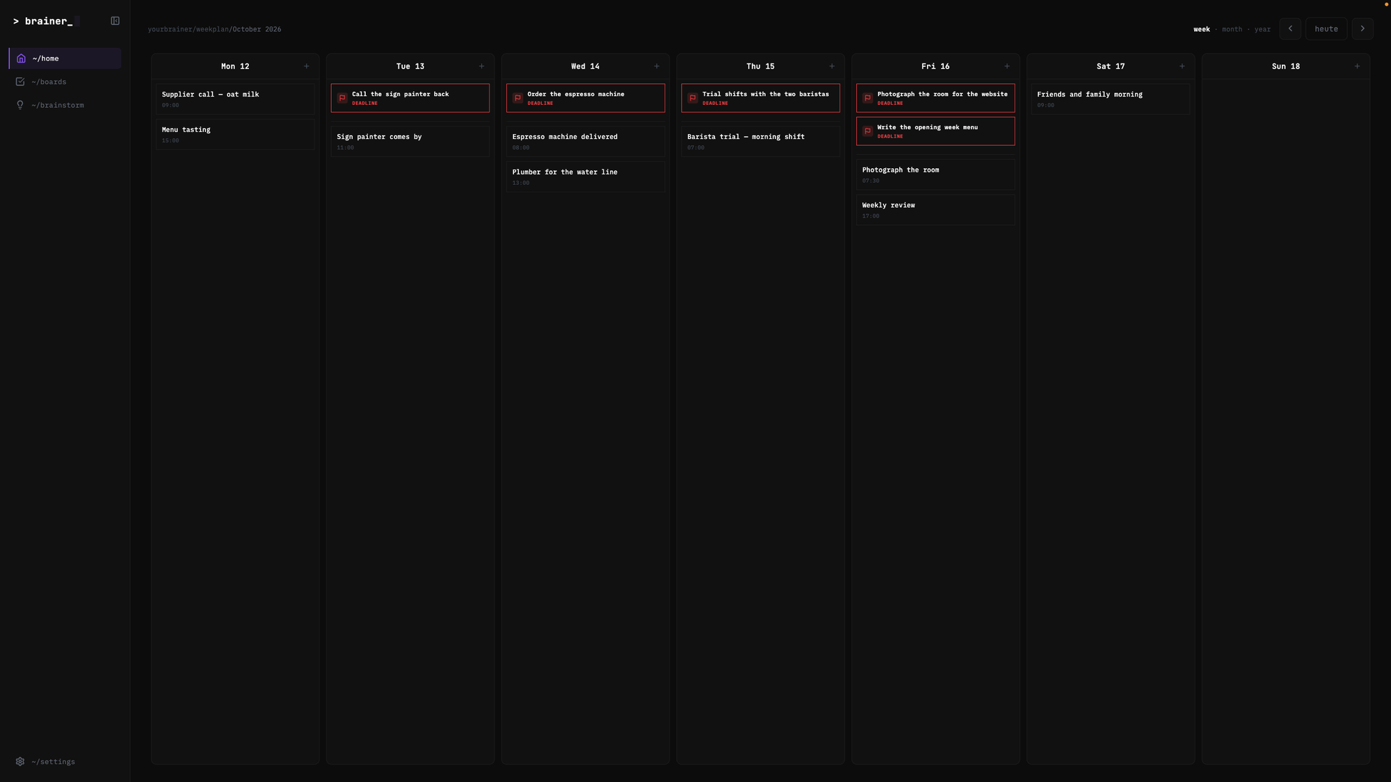 The week plan with events and deadlines